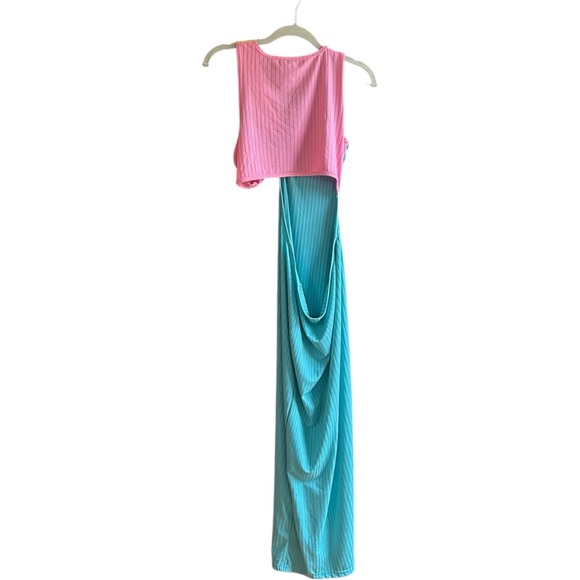 Women's blue yellow pink sleeveless ribbed cotton polyester cutout maxi dress - Picture 2 of 6